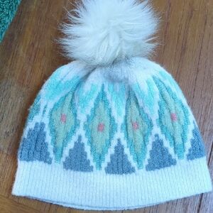 Talbots White, Blue, Green Patterned Hat With Faux Fur Pom Pom